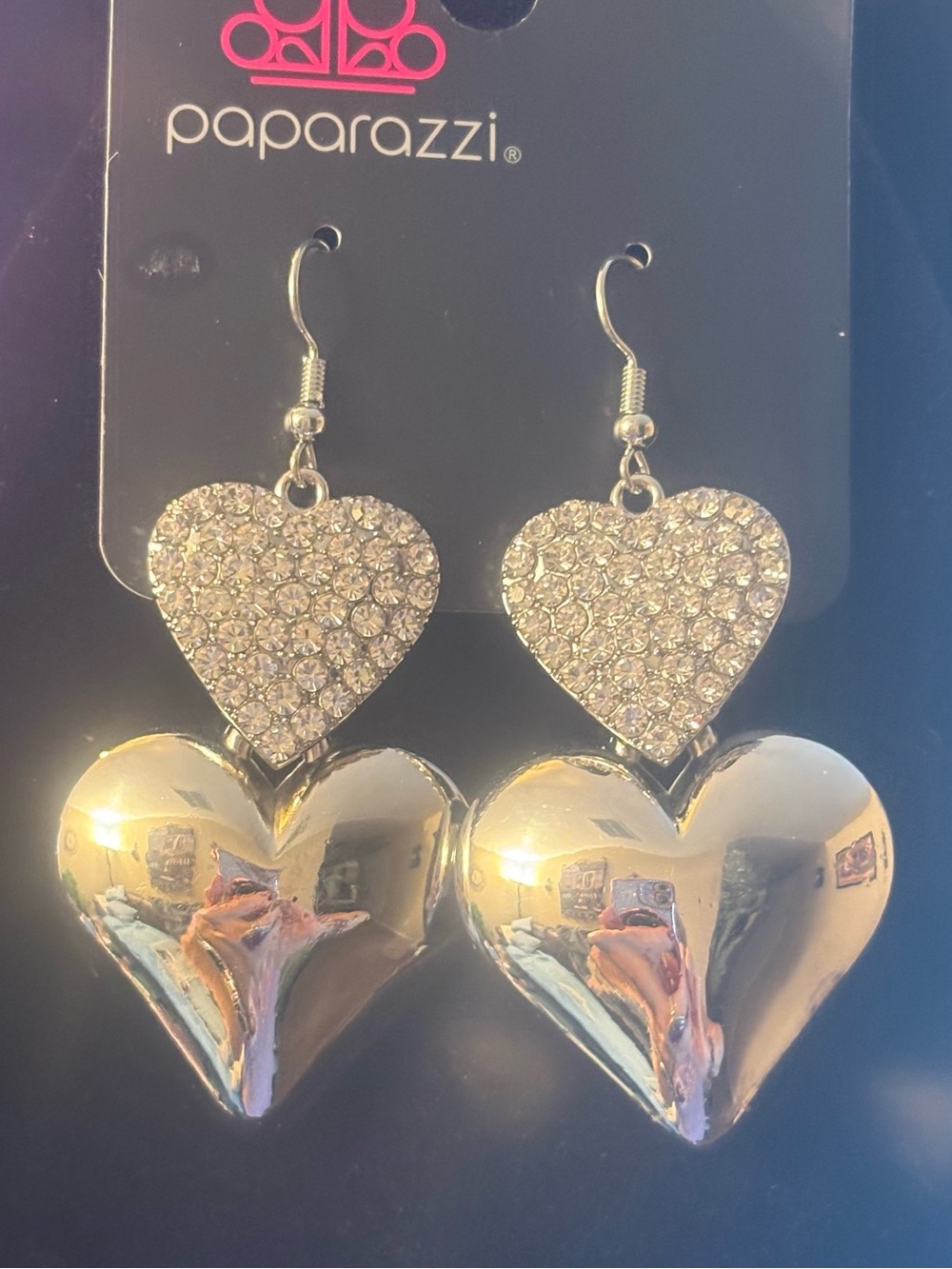 Paparazzi Silver Heart Drop Earrings - Sparkling Crystal Accents